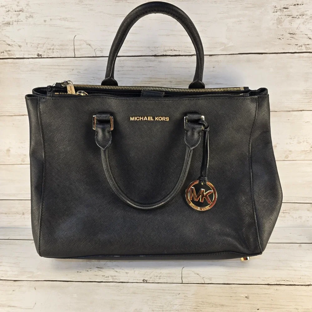 Michael Kors Savannah Satchel Black Saffiano Leather Gold Hardware Tote Bag